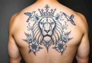 powerful majestic lion with a crown, surrounded by floral ornaments and birds tattoo idea