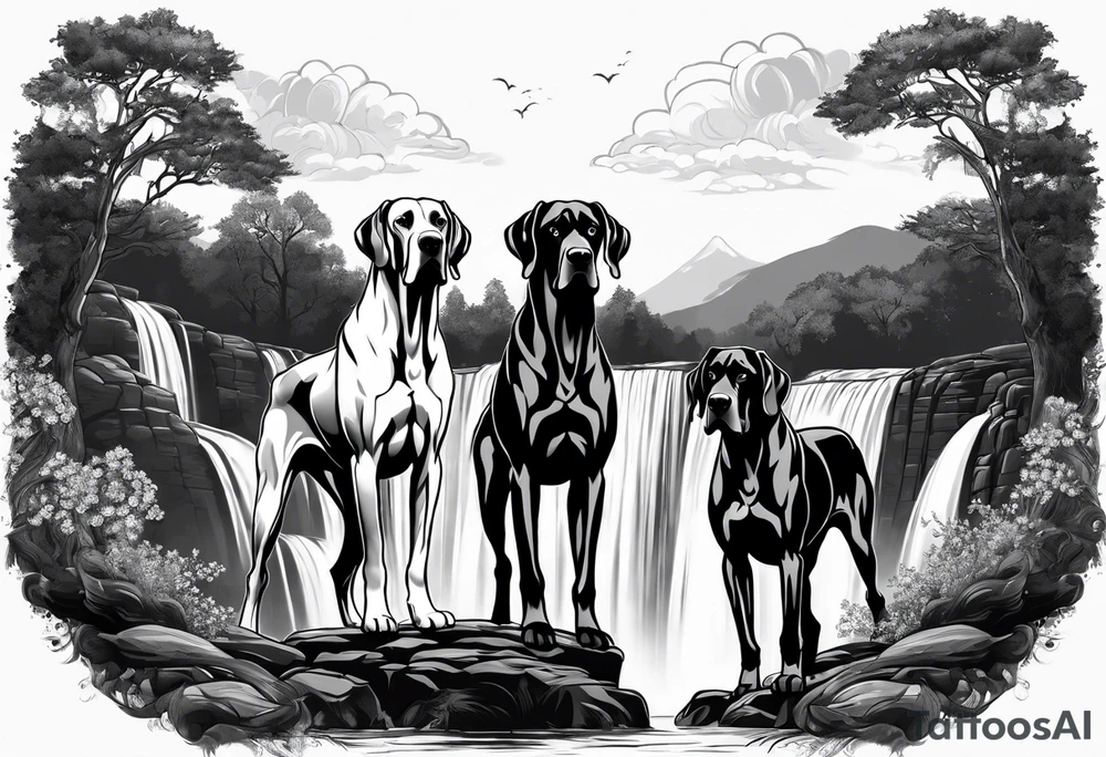 Full arm sleeve. Four Great Danes together exploring waterfall tattoo idea