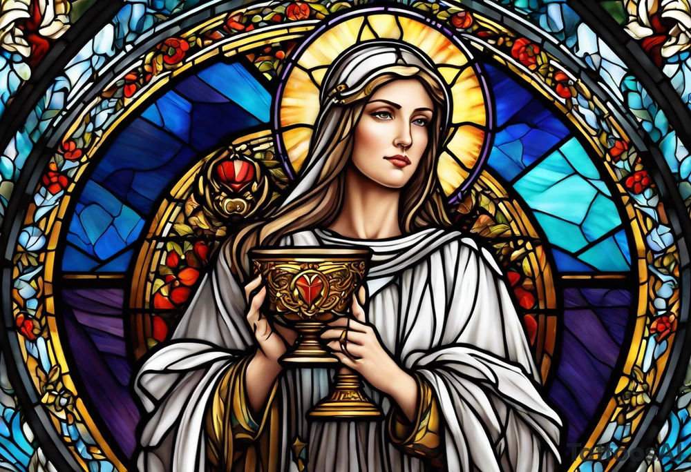 holy saint woman with halo stained glass holding a chalice with artillery tattoo idea
