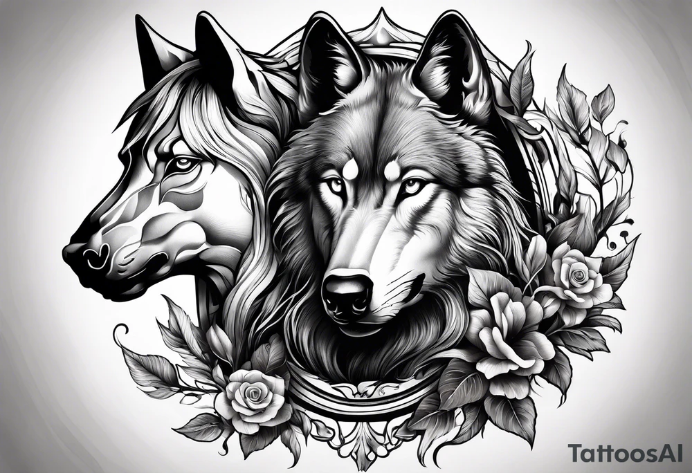 Wolf and horse head tattoo idea