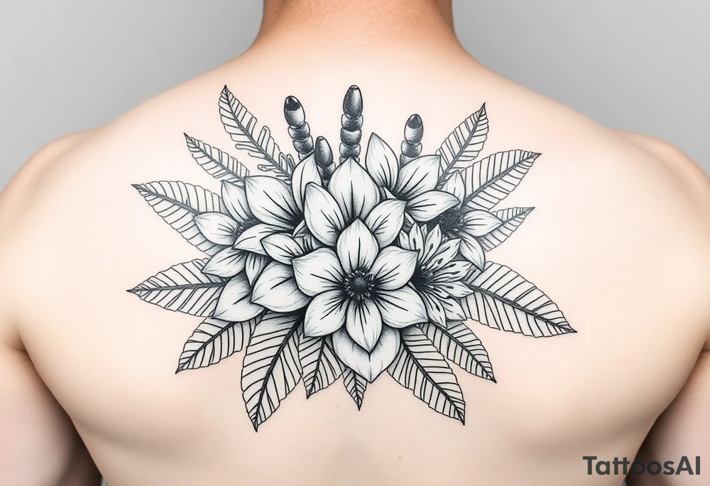 Bouquet made of birth flowers for the months of April May, June and August with exotic foliage like fern leaves and Monstera for arm sleeve tattoo idea