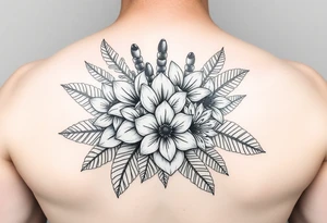 Bouquet made of birth flowers for the months of April May, June and August with exotic foliage like fern leaves and Monstera for arm sleeve tattoo idea