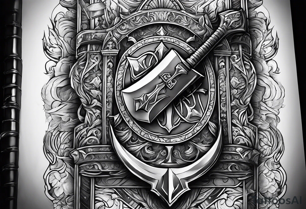 An opened bible with a battle Axe tattoo idea