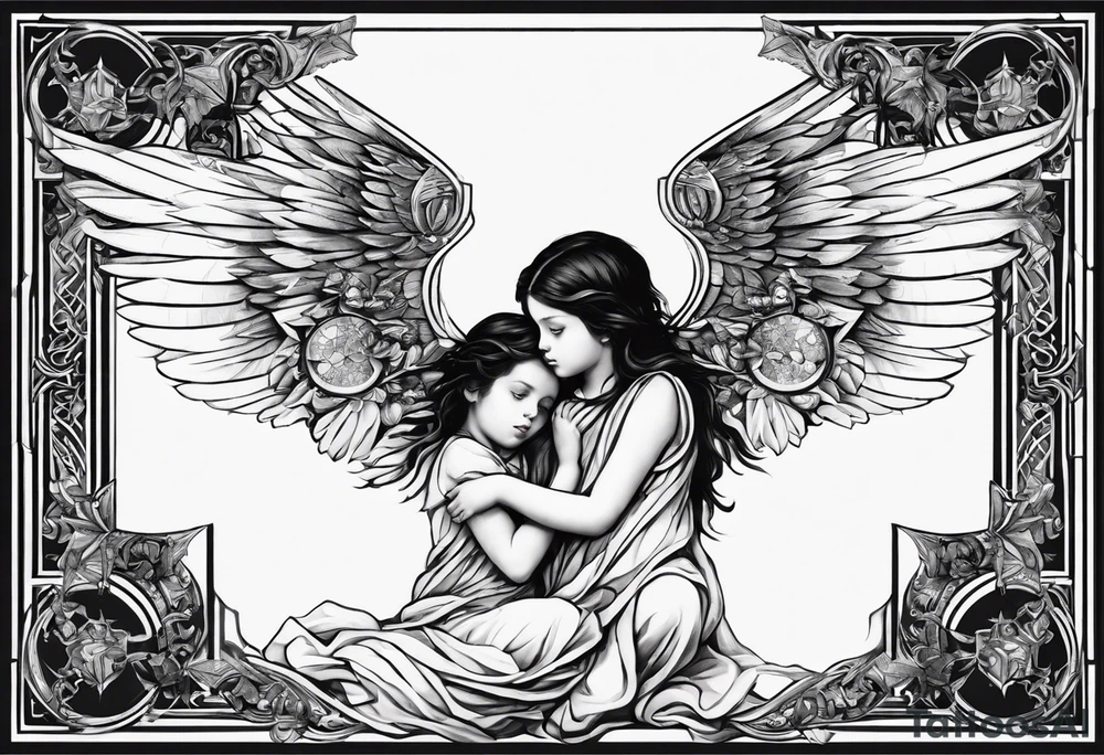 The two boy angels are on either side of the girl angel, with their wings gently enfolding tattoo idea