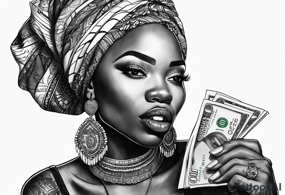 african woman biting money tattoo idea