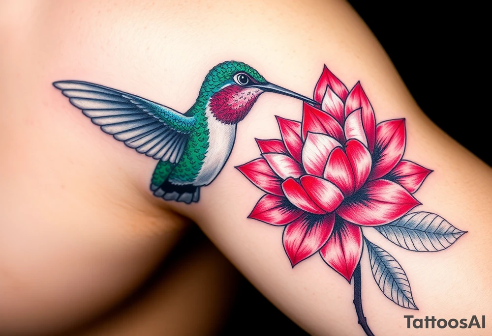 A hummingbird drinking nectar from an Egyptian lotus, make bird black (only red , blue and black are possible colors) tattoo idea