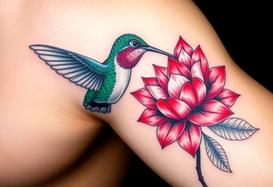 A hummingbird drinking nectar from an Egyptian lotus, make bird black (only red , blue and black are possible colors) tattoo idea