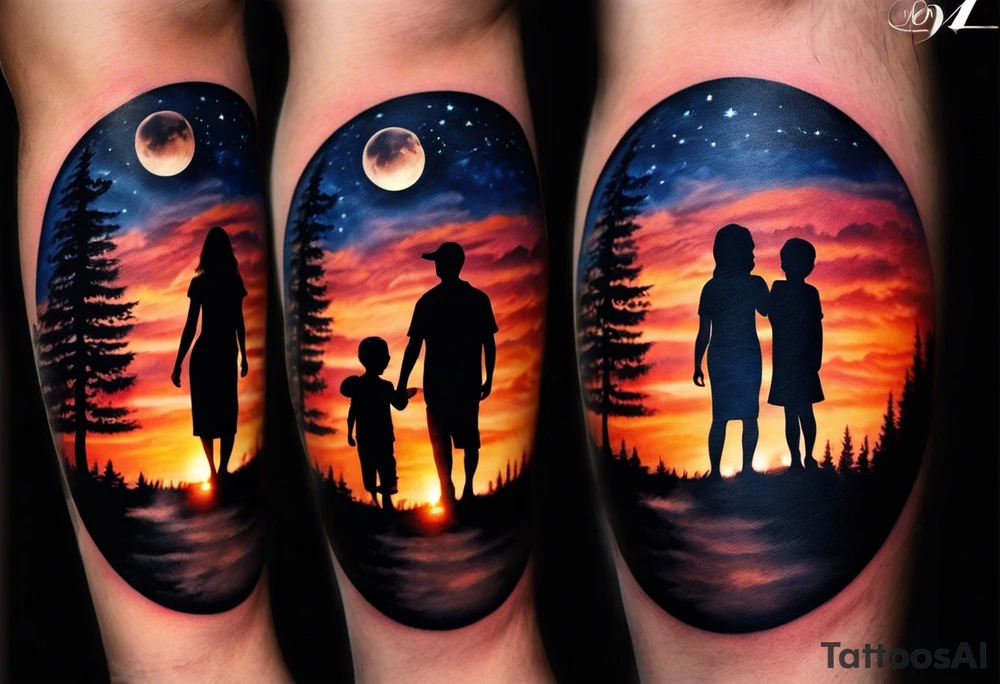 Tattoo of a family of four on a male forearm 
- dad, mom and two boys around a campfire.  Background is a sunset at the bottom, night at the top with a big beautiful moon. I would like the tattoo to be encased in a circle with the words "All that I need is the air that I breathe, and all that I need are things I don't need, and all that really matters is what matters to me". tattoo idea
