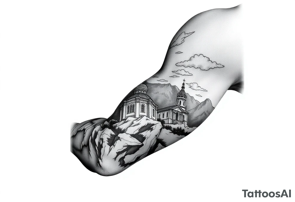 russian orthodox christian left arm tattoo with st basils cathederal in a mountainous setting with clouds tattoo idea
