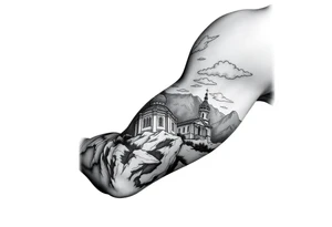 russian orthodox christian left arm tattoo with st basils cathederal in a mountainous setting with clouds tattoo idea