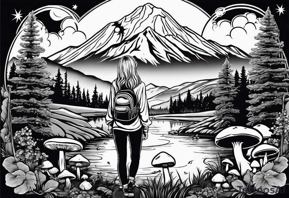 Whole picture encircled fully

Straight long blonde hair hippie girl in distance holding mushrooms in hand facing away toward mountains and creek surrounded by mushrooms long sleeve shirt and hiking pants; whole rendering within a full circle, no cut off circle tattoo idea