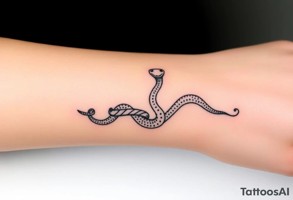 I want a small simple silhouette lines black and white wrist princess like girl snake tattoo that has number 12821 on its body along and also I want it to represent feminine energy crown queen Cycle tattoo idea