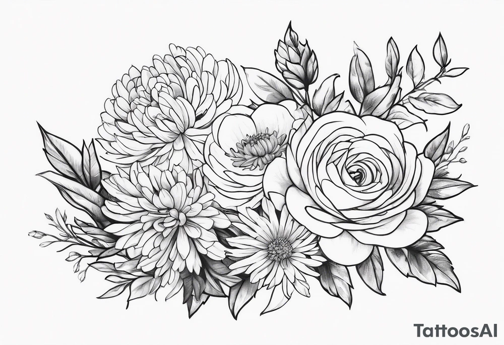 Asters, roses, hawthorns, and chrysanthemums in a long line tattoo idea