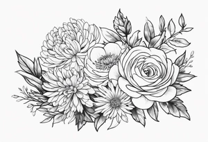 Asters, roses, hawthorns, and chrysanthemums in a long line tattoo idea