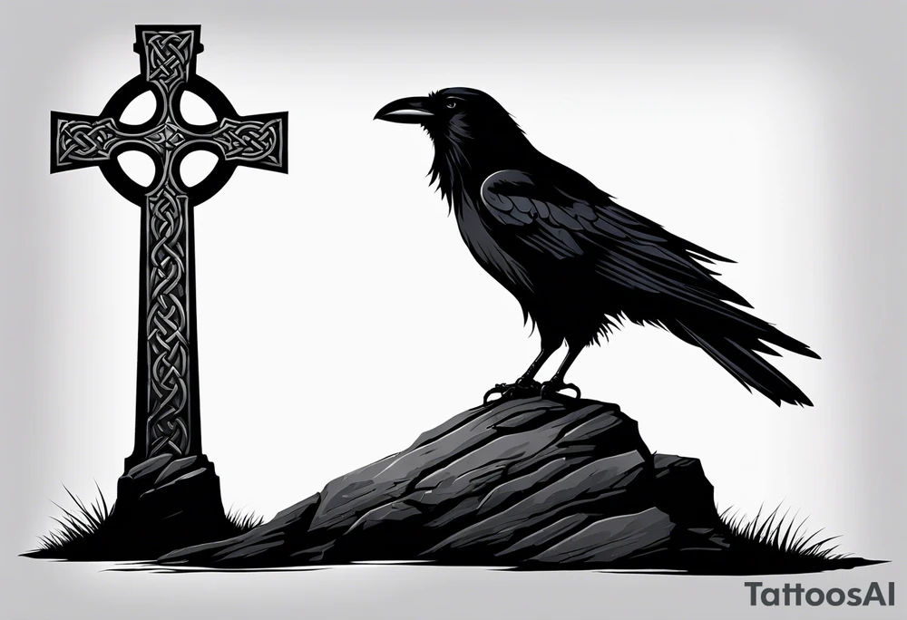 A stone Celtic cross solemnly standing atop a hill, a raven perches atop the cross staring out over the desolation. A ruined stone wall lies crumbling near the cross. Mist rolls along the hilltops adding to the melancholic nature of the scene tattoo idea