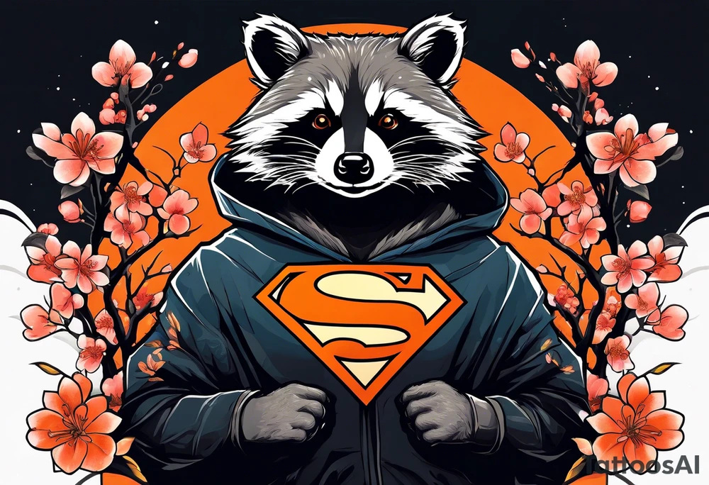 Raccoon wearing a white Superman logo on a black hoodie and orange Japanese cherry blossoms tattoo idea