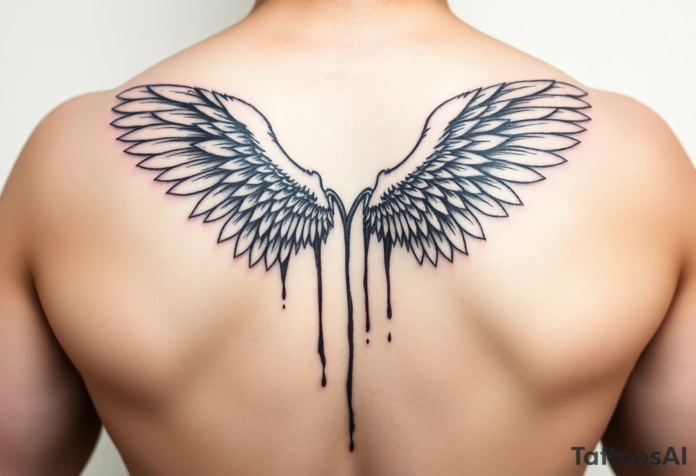 Angel wings folded and tucked against the back dripping in blood tattoo idea