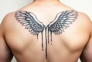 Angel wings folded and tucked against the back dripping in blood tattoo idea