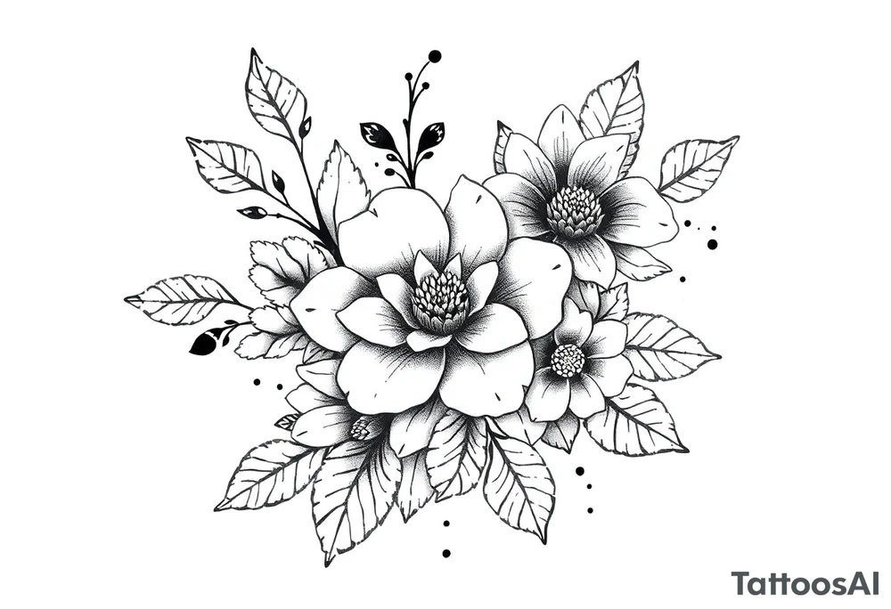 floral composition with japanese vibe, mutiple ornemental patern and leaf tattoo idea
