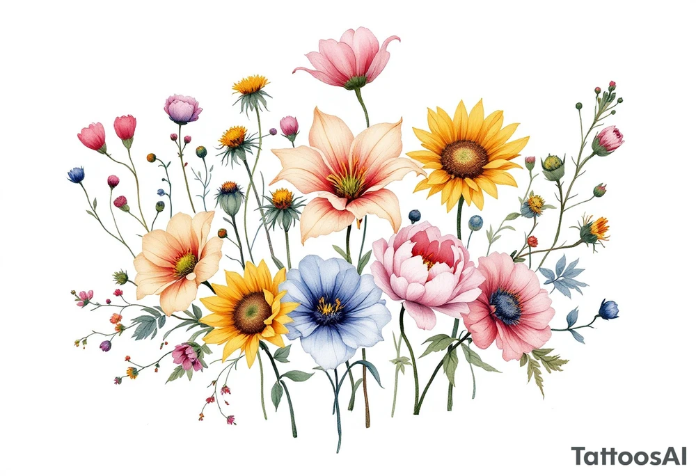 Small bunch of wild flowers including stargazer lilly, mini sunflowers, poppies and peonies with stems. Use the watercolour style inspired by Monet’s style with no outline on the florals. tattoo idea