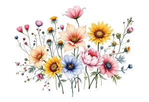 Small bunch of wild flowers including stargazer lilly, mini sunflowers, poppies and peonies with stems. Use the watercolour style inspired by Monet’s style with no outline on the florals. tattoo idea