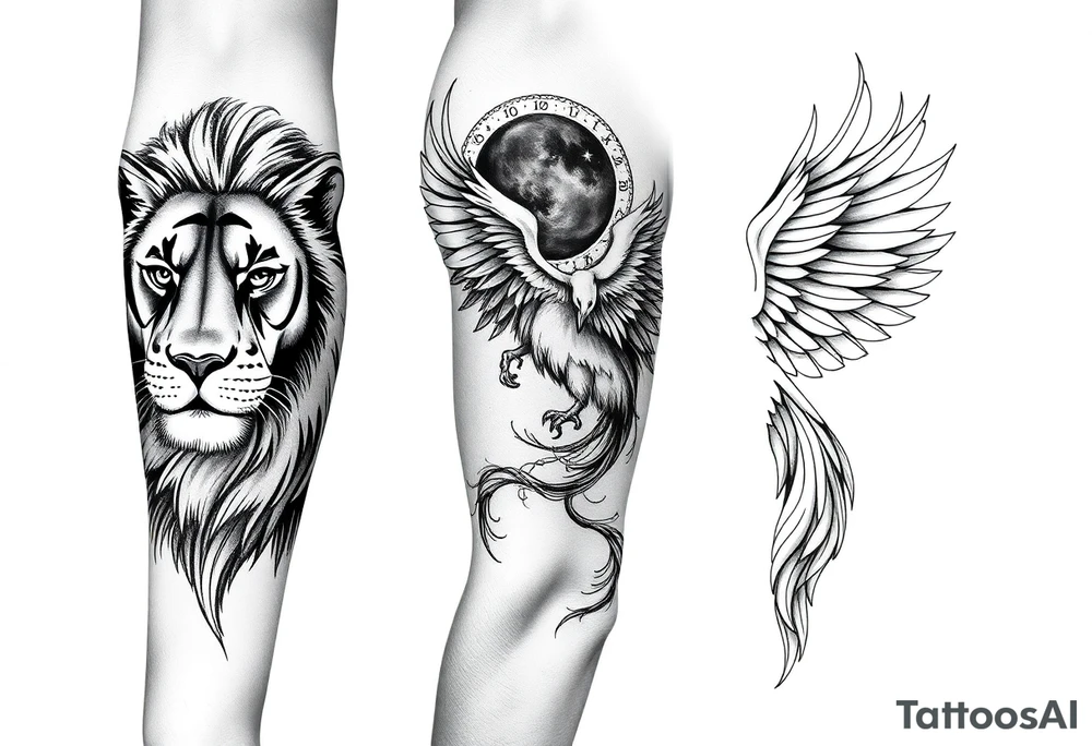 Lion face-on at forearm. phoenix face-on spreading wings evenly and rising from ashes into night sky and Leo zodiac tattoo idea