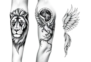 Lion face-on at forearm. phoenix face-on spreading wings evenly and rising from ashes into night sky and Leo zodiac tattoo idea