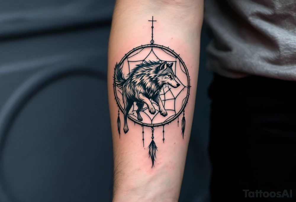 A wolf mid-stride running through the outer ring of a dreamcatcher, symbolizing perseverance, strength, and the pursuit of dreams. The web holds intricate, flowing patterns. Bold, dark greys and blacks for the wolf, with soft pastel blues and pinks for the dreamcatcher to create a sense of motion and dreamlike quality. tattoo idea