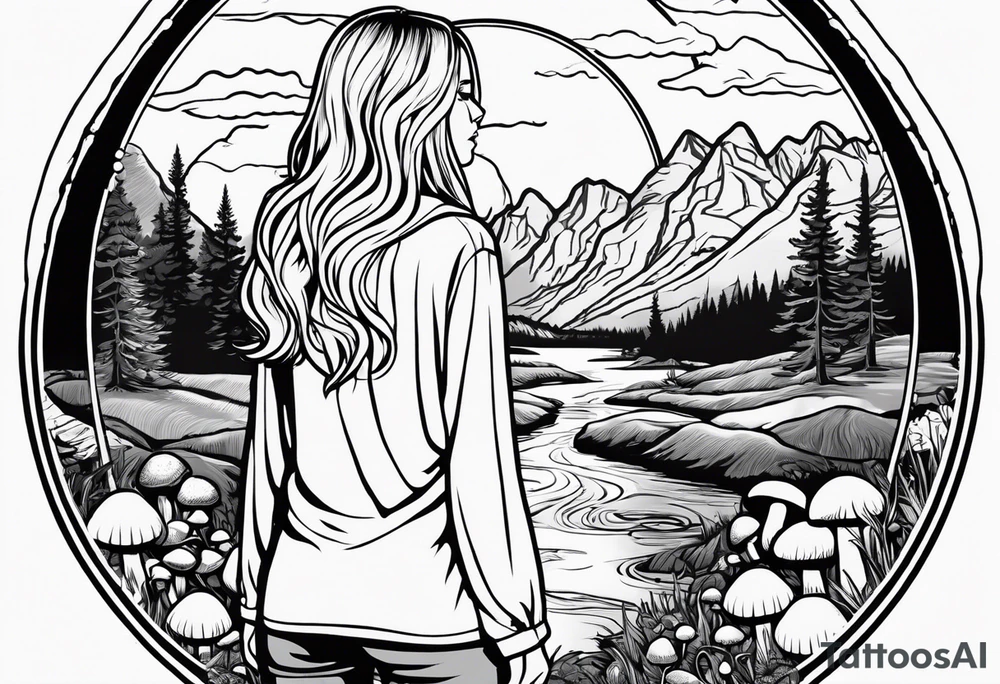 Whole picture encircled fully

Straight long blonde hair hippie girl in distance holding mushrooms in hand facing away toward mountains and creek surrounded by mushrooms long sleeve shirt and hiking pants; whole rendering within a full circle, no cut off circle tattoo idea