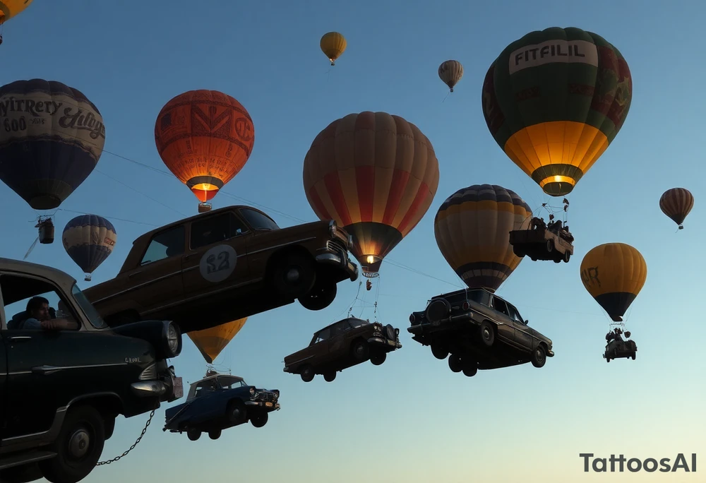 in a very steam punk vibe i want you to make a picture of a bunch of old beat up cars with people lounging in them and garbage and junk all up in and on them, tied to hot air balloons floating in the sky right about dusk and they are as far as the eye can see i want the cars to be floating as if they were the basket to the hot air balloons and the hot air balloons are all different colors and patterns and some are old and patched and i dont want to see the ground at all  i want this to be a scene that is up in the sky with them all floating under the balloons like it is in a dream and every single balloon in the picture is attached to a different old car, and some of the cars you can see people kicked back with thier feet out the window and stuff on the dash of the car, and some with people hanging an arm out hte window some have cigarrette smoke coming out the window, and the balloons all are different but every single car is floating high in the sky and i dont want there to be too many balloons and cars, just a few close together, and the rest ll are smaller and off in the distance tattoo idea