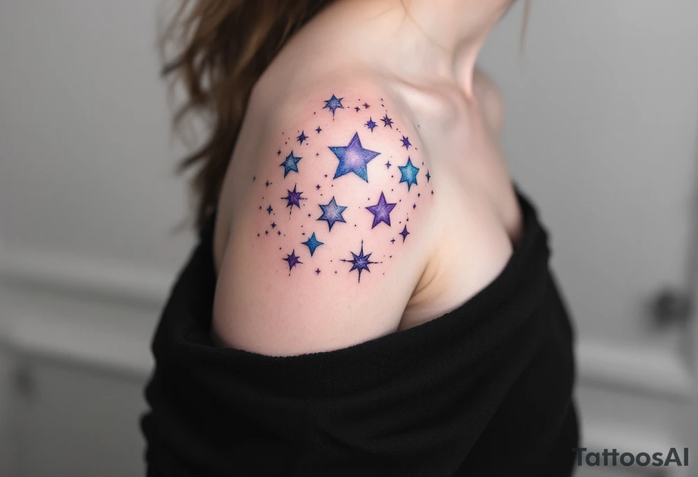Watercolor-style Capricorn stars constellation in soft blues and purples, fading like a cosmic dream across the shoulder. tattoo idea