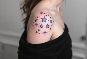 Watercolor-style Capricorn stars constellation in soft blues and purples, fading like a cosmic dream across the shoulder. tattoo idea