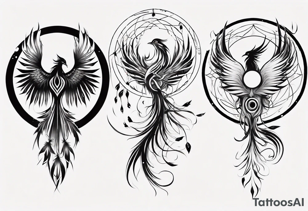 Vertical Phoenix in circles with abstract dream catcher tail tattoo idea Vertical Phoenix in circles with abstract dream catcher tail tattoo idea