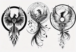 Vertical Phoenix in circles with abstract dream catcher tail tattoo idea
