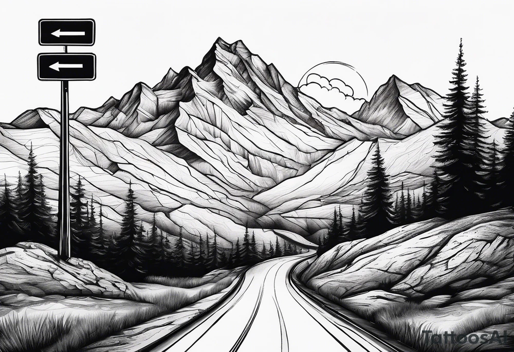 mountain road tattoo with road sign tattoo idea