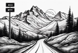 mountain road tattoo with road sign tattoo idea