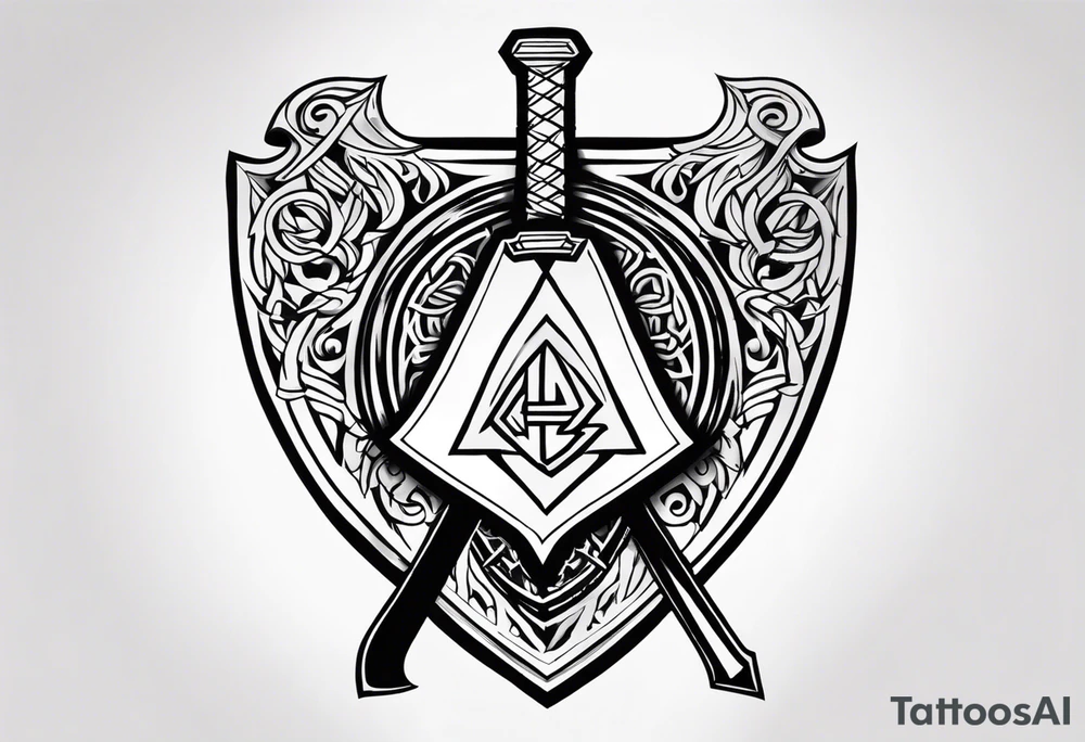Valhalla shield sword axe Valknut fire tattoo idea