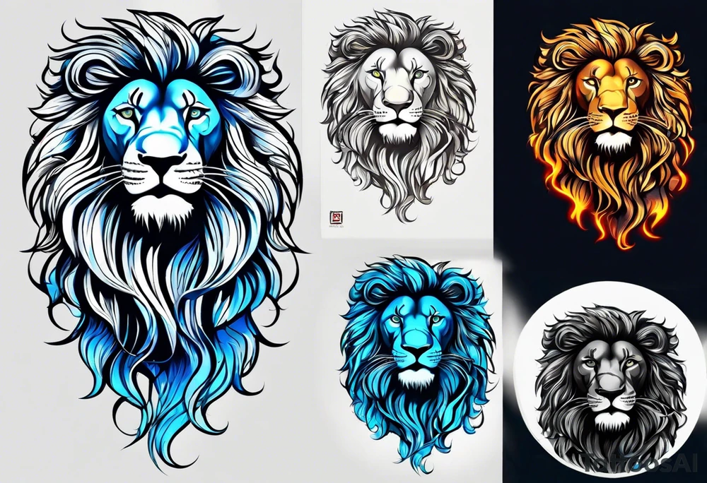 I Want zodiac leo/lion for upper arm and bicep. With blue and fire in it. I want the lion to be eating all its strengths and weaknesses labeled in black color tattoo idea