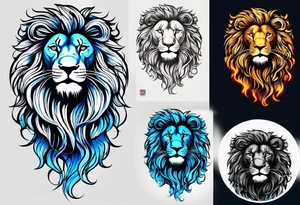I Want zodiac leo/lion for upper arm and bicep. With blue and fire in it. I want the lion to be eating all its strengths and weaknesses labeled in black color tattoo idea