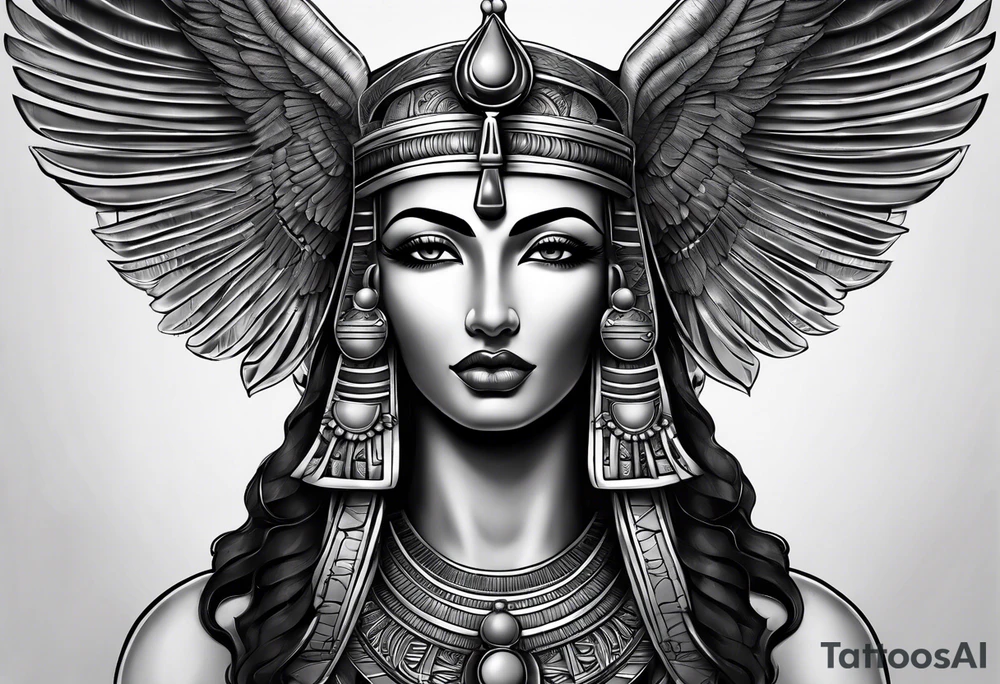black and gray photo realistic goddess isis with minimal detail tattoo idea