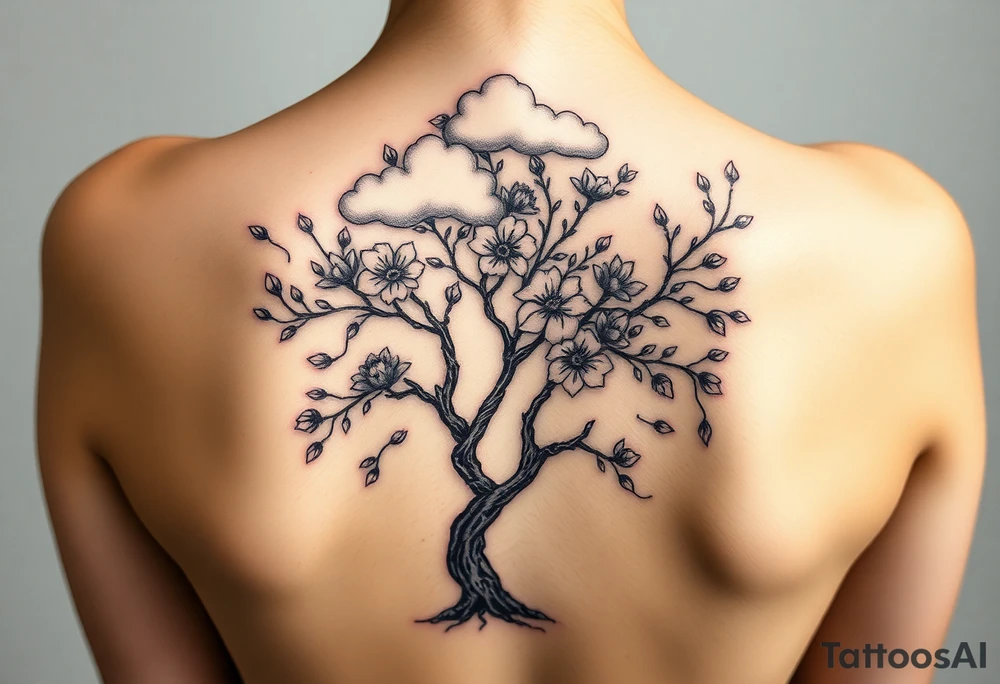 Powerful flower tree with cloud over it tattoo idea