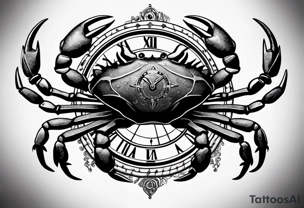 Zodiac crab with clock in front of tree of life tattoo idea