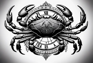 Zodiac crab with clock in front of tree of life tattoo idea