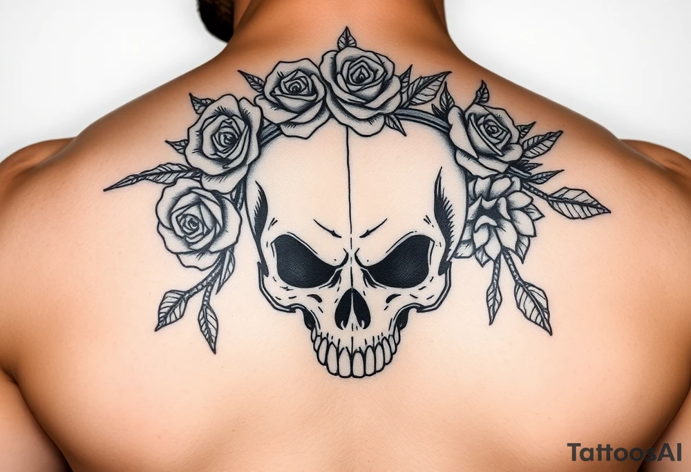 ornate skull adorned with crown of wild roses and thorns tattoo idea