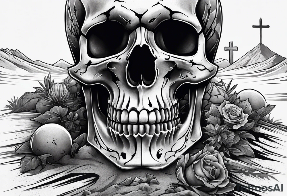 skeleton crawling towards a cross in a desert tattoo idea