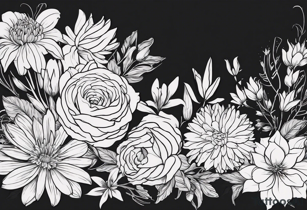 Asters, roses, lillies, and chrysanthemums in a long line tattoo idea