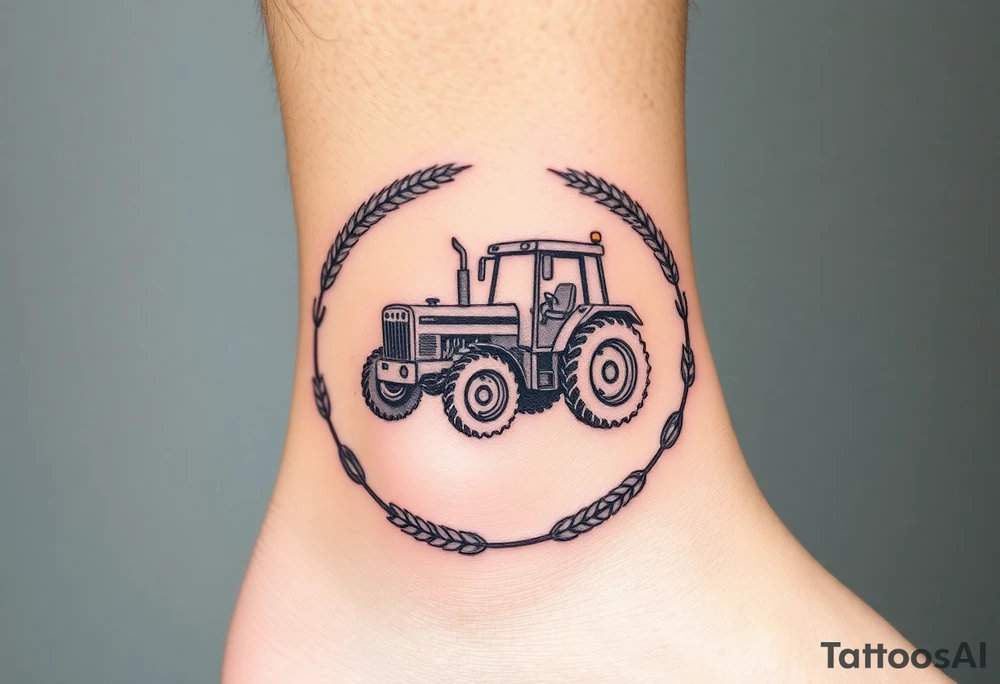 A tractor framed by a circular wreath of wheat and corn stalks, representing abundance and harvest. tattoo idea