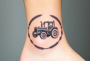 A tractor framed by a circular wreath of wheat and corn stalks, representing abundance and harvest. tattoo idea