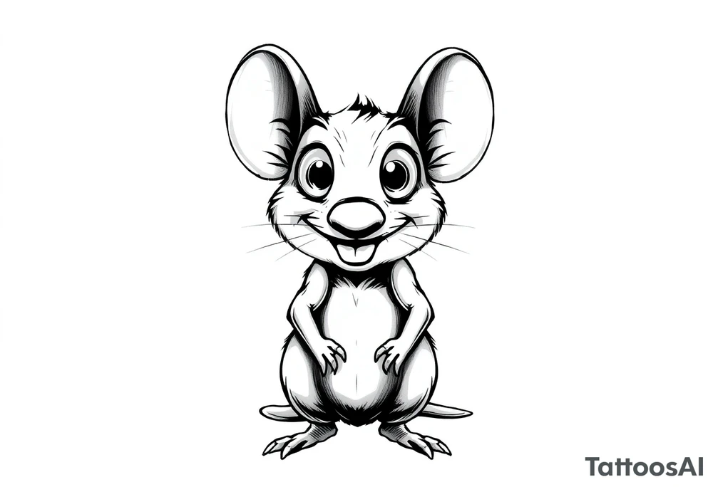 Original tattoo-style illustration:

A rat standing upright

Very large, bulging eyes popping out

A cheeky / mischievous smile

Cartoon style, not baby-like

One black-and-white version + one color version

4 images in total (so you can choose the best one) 
 + this link tattoo idea