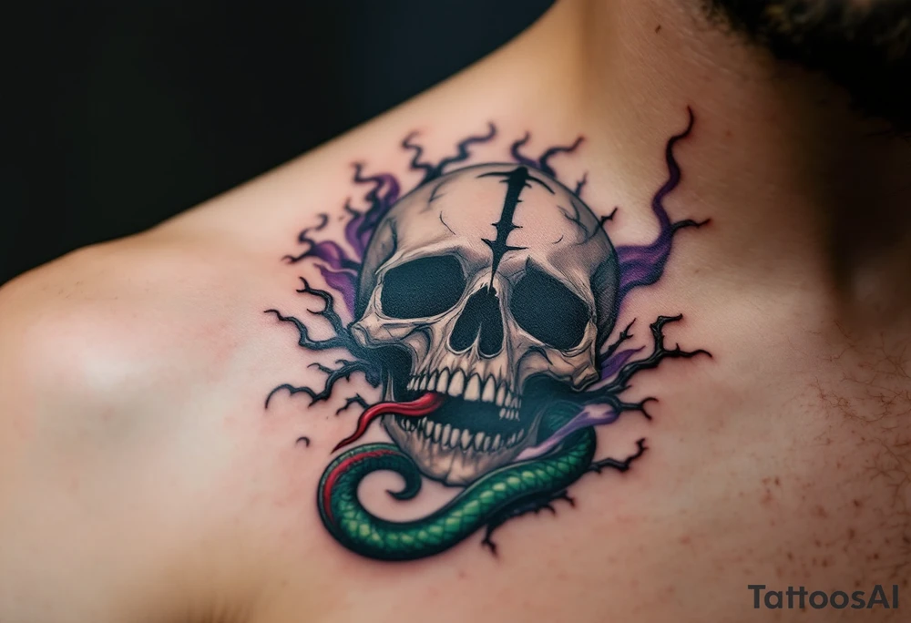 A detailed skull with the Dark Mark etched across its forehead, with a serpent's tongue flicking from its mouth. Surrounding the skull are thorny vines and creeping smoke. Black for the skull, green and red for the serpent’s tongue, and deep purple and grey for the vines and smoke. tattoo idea